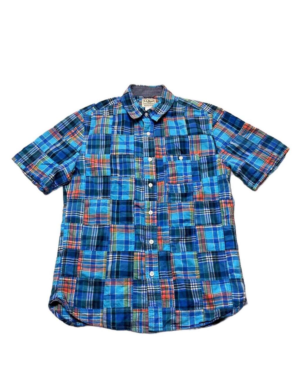 L.L.Bean Slightly Fitted Blue Plaid Short Sleeve Button Front Shirt Men's S